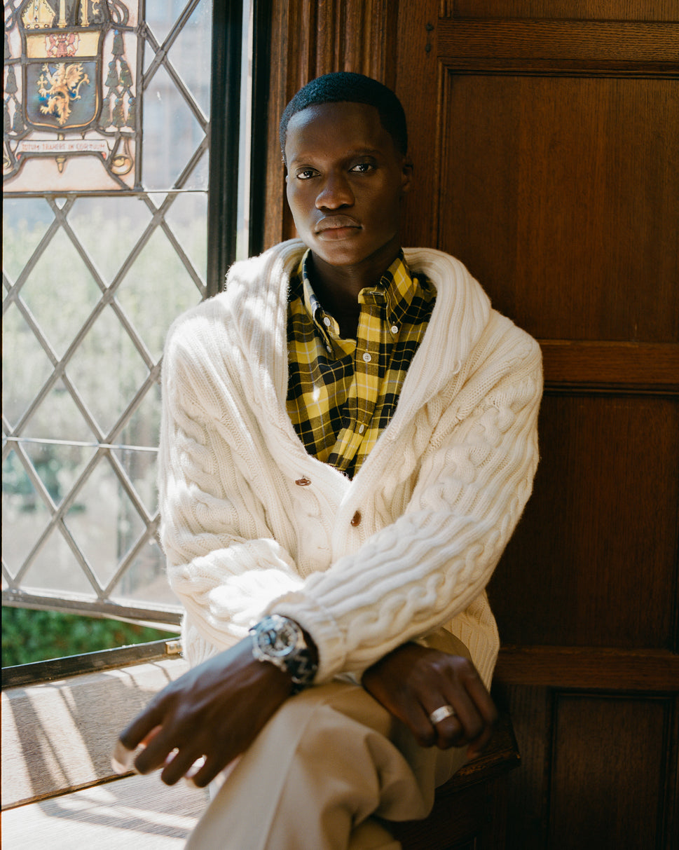 Made-in-Scotland Natural Shawl Collar Cableknit Cardigan