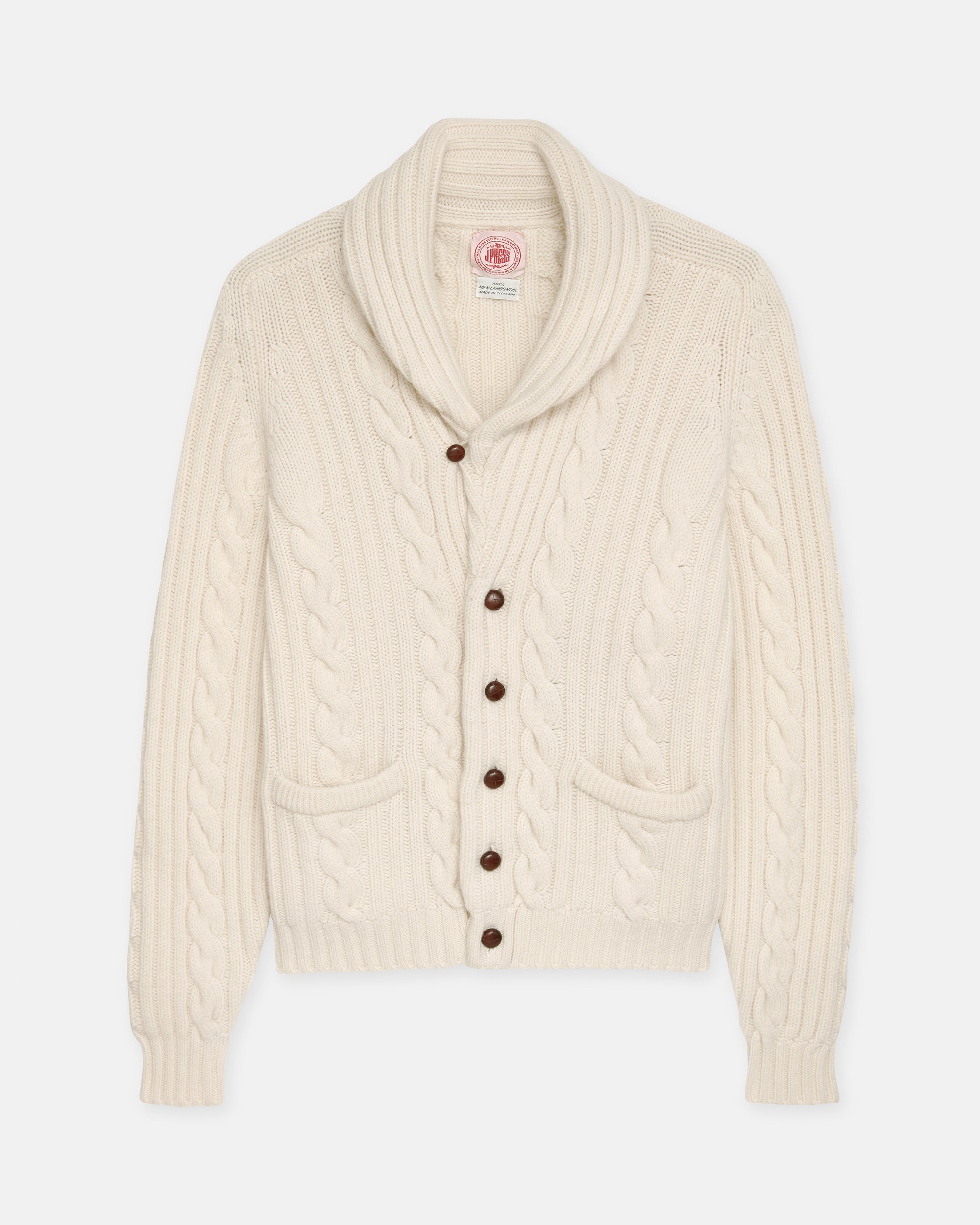 Made-in-Scotland Natural Shawl Collar Cableknit Cardigan