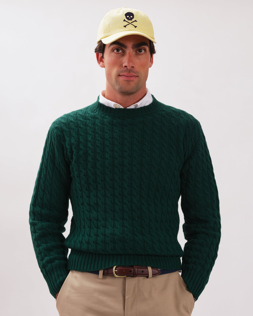 Made-in-Scotland Green Cable Knit Cashmere Sweater - Classic Fit